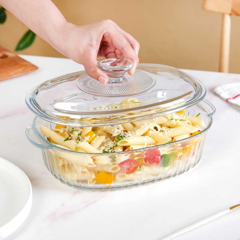 Nestasia Fluted Glass Casserole Dish With Lid Baking Dish(Pack of 2, Microwave Safe)