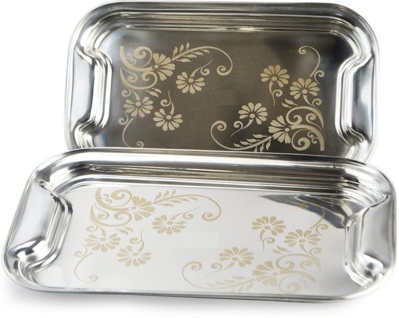 Nirvika Steel Plate Serving tray Platter Multipurpose -Size- 34 -Cm,30 -Cm(Pack of 2) Tray(Pack of 2, Microwave Safe)