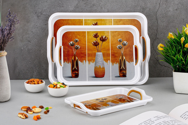 anjil Premium Printed BPA Free Trays For Kitchen And Office Tray(Pack of 3, Microwave Safe)