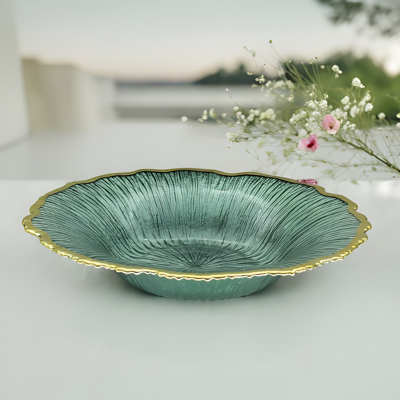 Lemon Tree Round Shape Deep Dish Glass Platter with Gold Line Food Serving Platter (30cm) Sizzler Tray