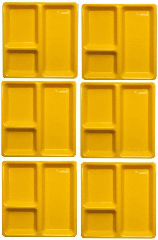 Everbuy Premium Quality Food-Grade Plastic 3 in 1 Compartments Pav Bhaji Plate Dinner Plates Square Serving Plates Snacks Plate Yellow Set of 6 MADE IN INDIA Sectioned Plate(Pack of 6)