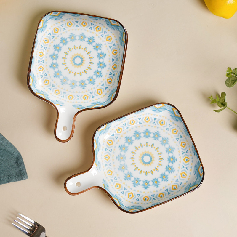 Nestasia Multicolor Mandala Patterned Square Ceramic Snack Plate Baking Dish(Pack of 2, Microwave Safe)