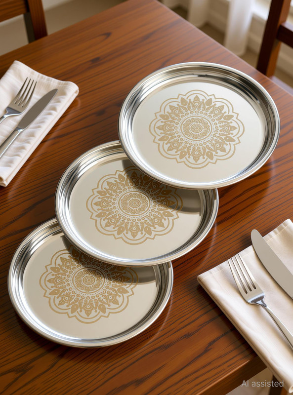 Shriyagic Stainless Steel Dinner Plate Premium Quality with Laser Design Mirror Finish Dinner Plate(Pack of 3)
