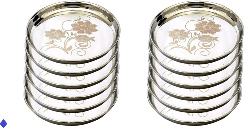 BZILO Stainless Steel Pack Of 6 Plain Full Dinner Deep Thali Mirror Glossy Finish C63 Dinner Plate(Pack of 6, Microwave Safe)