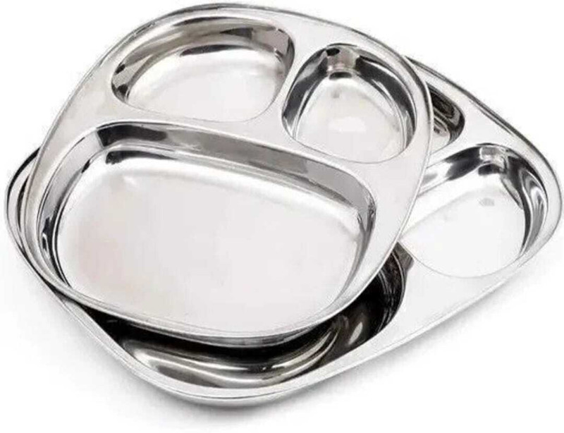 Glomy 3In1 Stainless Steel Plates with Compartments// Idli Sambhar Plates Set of 2 Dinner Plate(Pack of 2, Microwave Safe)
