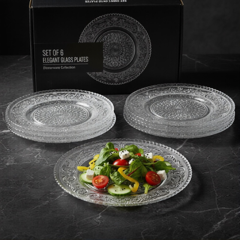 Scalora Set of 6 Elegant Glass Dinner Plates Designer Embossed Transparent Serving Plate Dinner Plate(Pack of 6, Microwave Safe)