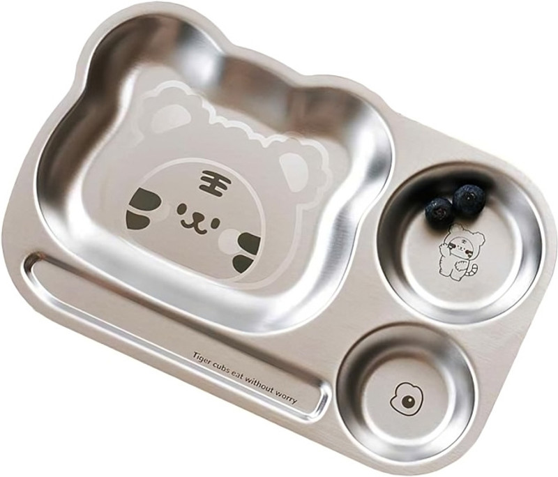 BASIL Stainless Steel Plate for Kids - 3 Compartments- BPA-Free - Funky Tiger Dinner Plate