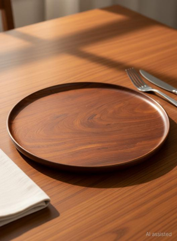 CraftOnline 12inches Round Shape Wooden Plate for Home and Kitchen (Brown,Well Polished) Dinner Plate(Microwave Safe)