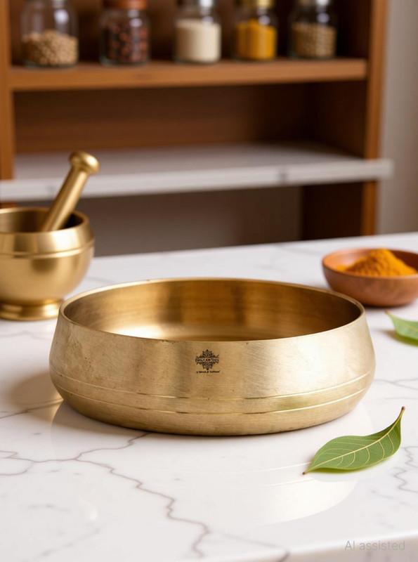 INDIAN ART VILLA Brass Lining Plain Matt Finish Curved Rice Plate, Volume:- 170 ML Rice Plates