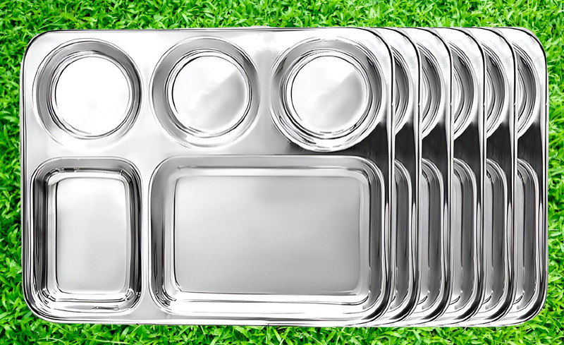 SHYHANU Stainless Steel 5 in 1 Compartment Lunch / Dinner Plate Dinner Plate(Pack of 5)