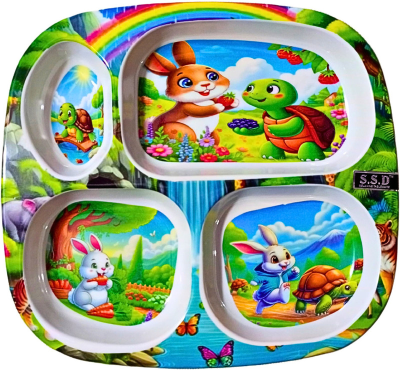 plateorzo Kids 4-Compartment Cartoon-Themed Melamine Plate –Bunny Design Sectioned Plate