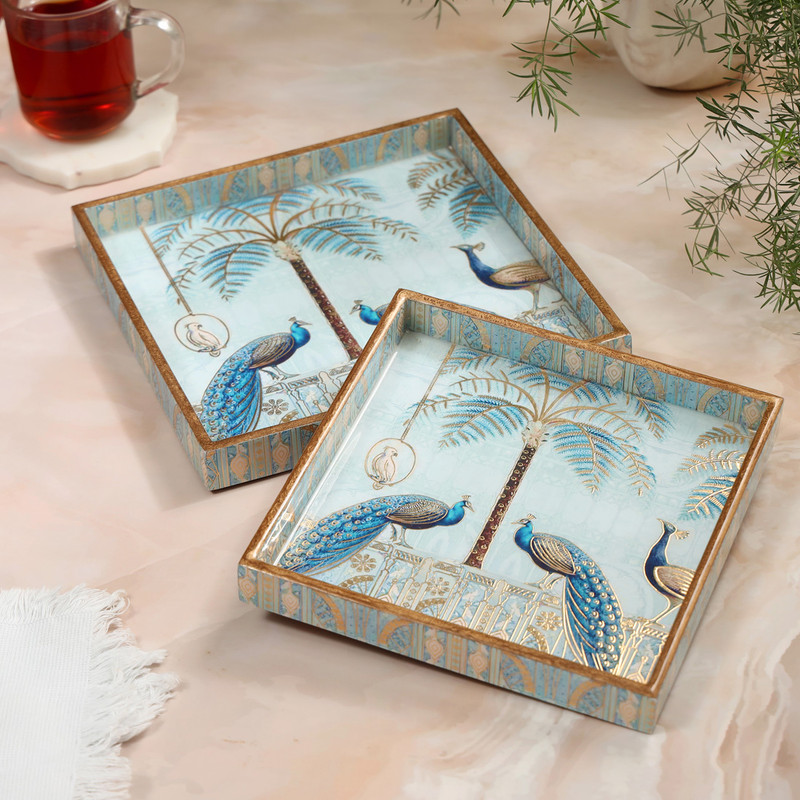 DULI Set of 2 Square Blue Peacock Design Serving Tray for Home and Kitchen Tray(Pack of 2)