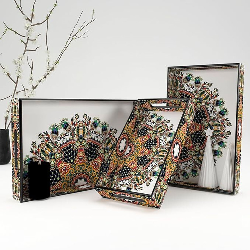 Castleite Elisa Isadora Mandala Decorative Set for Serving & Kitchen Use, Wooden Tray(Pack of 3)