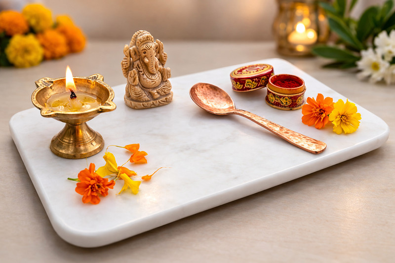 TEJASWI CRAFT White Marble Pooja Tray for Mandir | Puja Plate for Diya Kumkum Tray