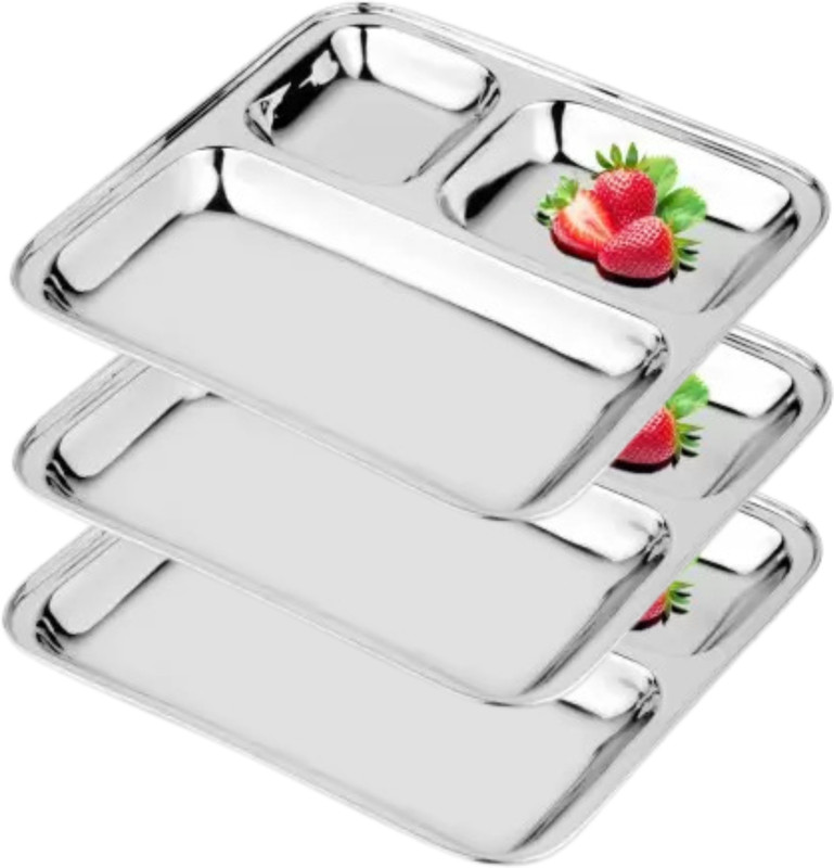 LIMETRO STEEL Round 3 in1 Compartment Divided Plate/Thali/Bhojan Thali/Mess Tray/Dinner Plate Dinner Plate(Pack of 3)