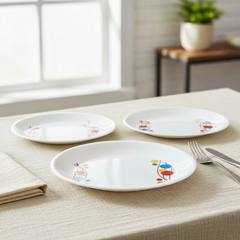 KUBER INDUSTRIES Printed Small Round 3 Pieces Unbreakable Virgin Plastic Microwave Safe Dinner/Serving Plates (White) Dinner Plate(Pack of 3, Microwave Safe)
