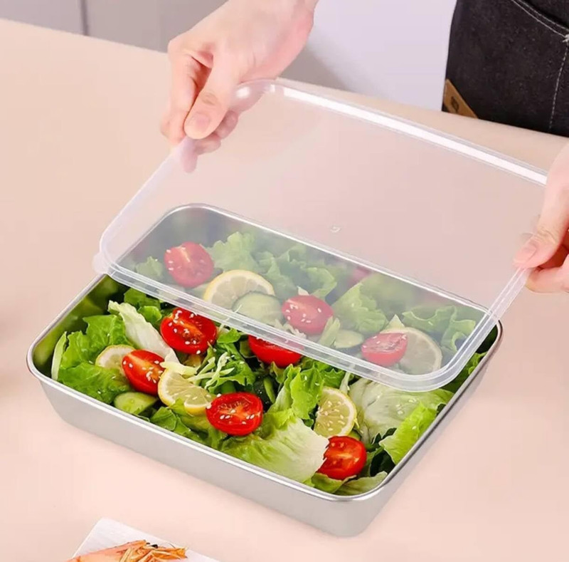 MOHAK Square Plate with Lid, Stainless Steel Dinner Dish Baking Tray Plate Deep Tray Baking Pan(Microwave Safe)