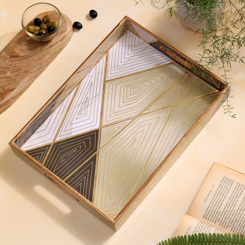 DULI Wooden Rectangle Serving Tray with Enamel Coating Birds Design 14x9 inches Tray