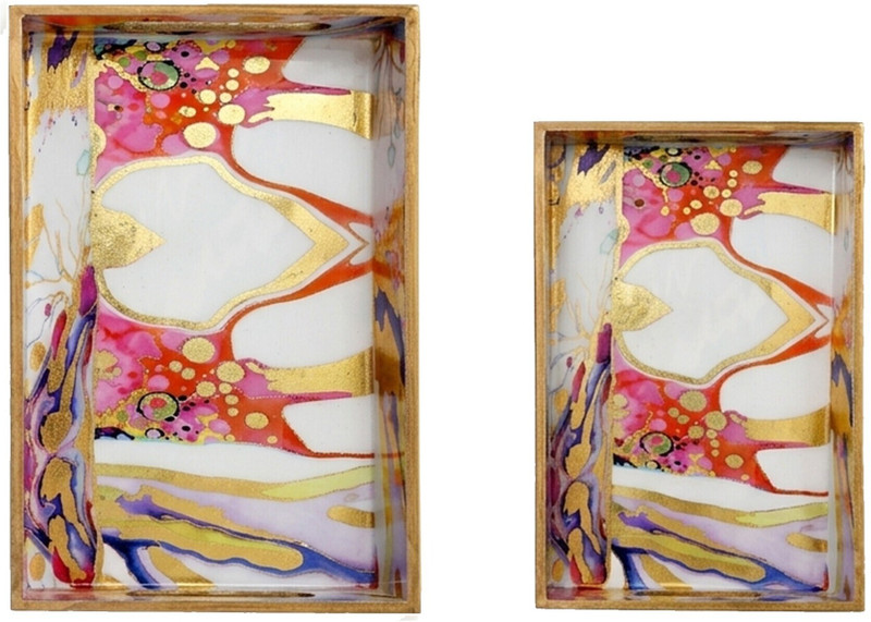 PHUKULI Rectangular Enamel Coated, Serving,Resin Trays, Handmade Paint Medium,Large Tray(Pack of 2)