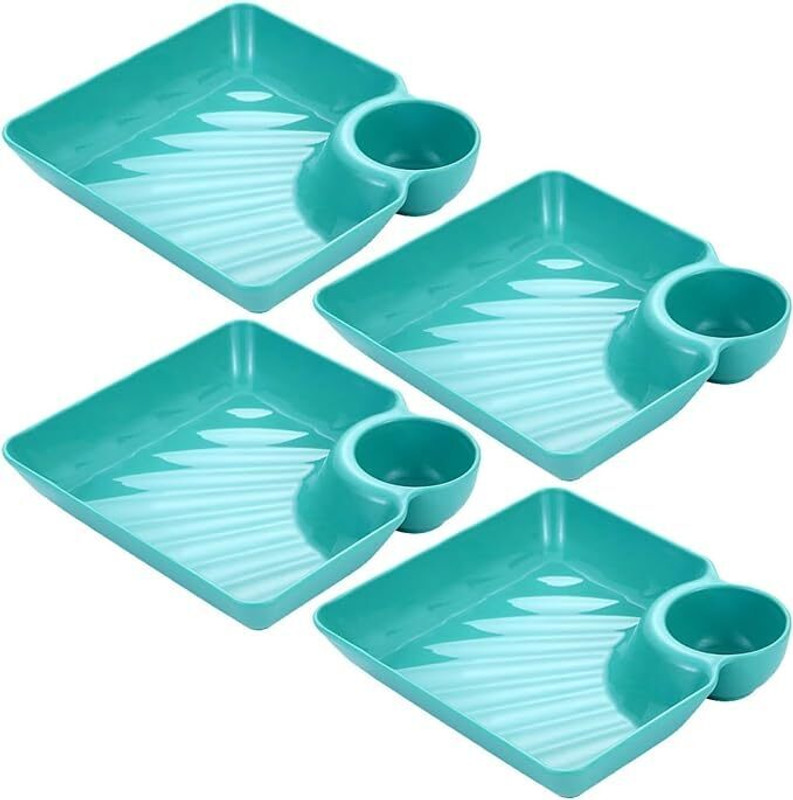 Krusan Plastic Plates with Sauce Square Plates,Dishes,(Pack of 4, Blue) Plate Warmer(Square Shape Small Snack Dessert Dishes with Chutney Compartment)