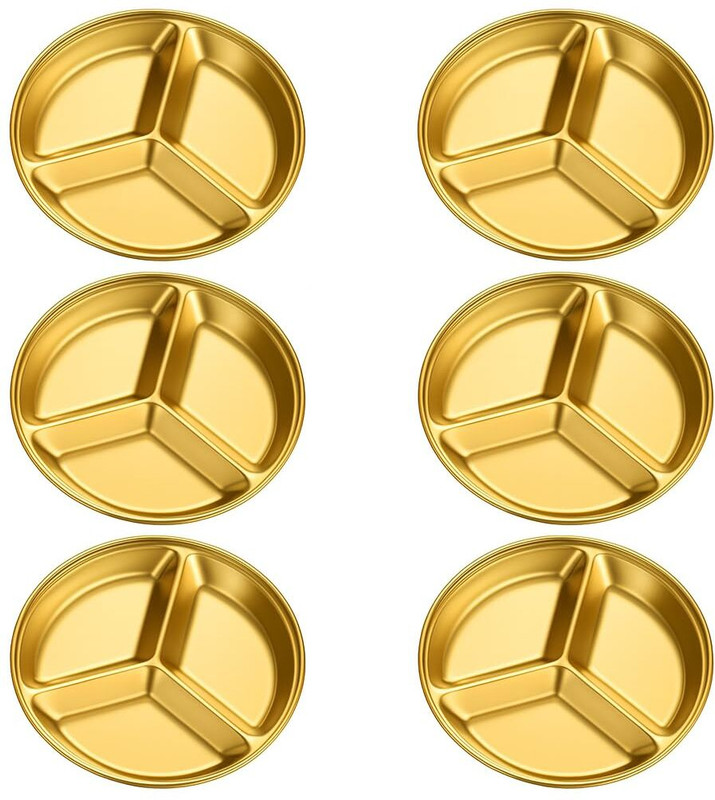 Gyanadh Gold Stainless Steel 3 Compartment Sauce Dish Round Dip Bowl Plate Warmer(for Chutney Sauce Pickle Condiment Tray for Home Hotel Restaurant Set of 6)
