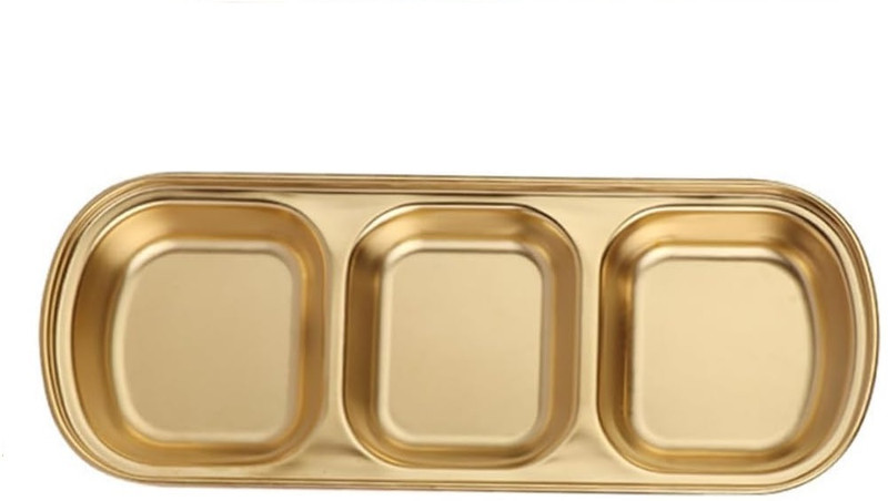 Snevad Golden Stainless Steel 3 Compartment Serving Tray for Snacks Sauce Dryfruit Plate Warmer(Sauce Dish 3 Grid)