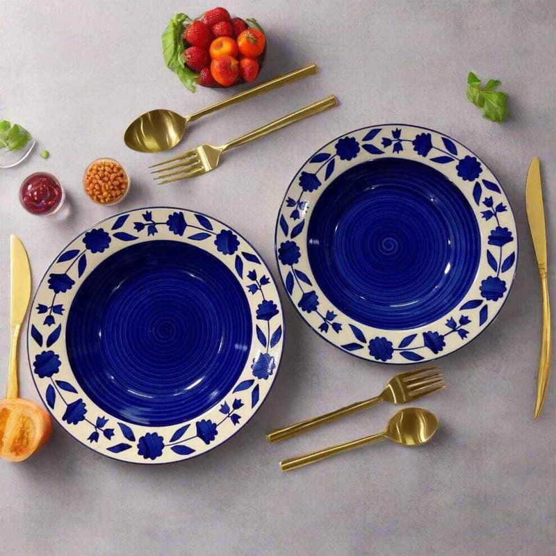 BROSISS ENTERPRISES Pasta Plate | Soupa Plate | Snack Plate | Maggie Plate | Noodles Plate | Plate Warmer(Size 9 inch | Microwave & Oven Safe |Set of 2 Plates Hand Painted Blue Floral)