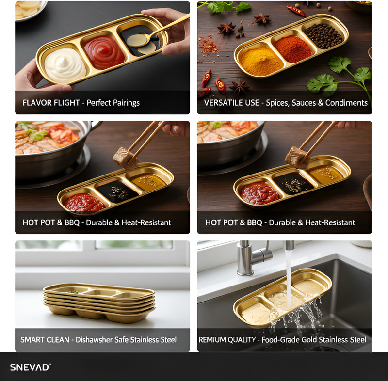 Snevad Stainless Steel 3 Compartment Sauce Dish Set Gold Condiment Plate 6 Pcs Plate Warmer(for Dipping Sauces, Soy Sauce, Vinegar, Spice, Salt & Sugar)