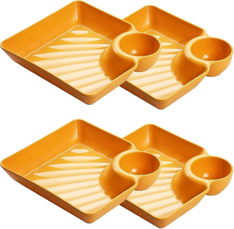 Krusan Plastic Dumpling Plates with Sauce Compartment Square Serving Plates Plate Warmer(Plastic Plates with Sauce Square Serving Plates,(Pack of 4, YELLOW))