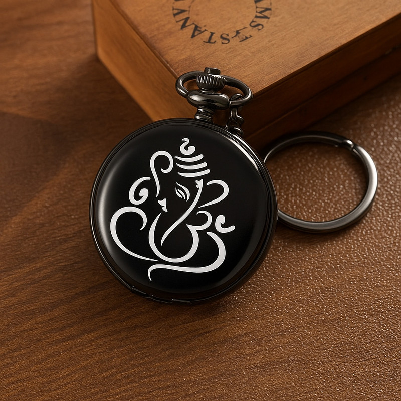Giftzy Ganpati chain timepiece with antique black finish vintage lord ganesha design fr men women spiritual hindu god accessory ideal for gifting bike car and pooja use Black metal Pocket Watch Chain