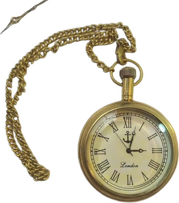 Antique HE classic Vintage Brass Pocket Watch with Chain, Roman Numeral Dial, Round Shape mq-vp-108 brass brass Pocket Watch Chain