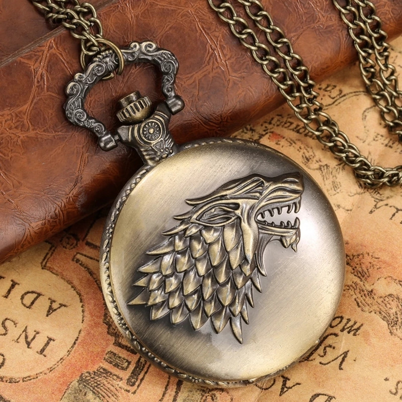 Seven Square Premium Retro Vintage GOT House Stark Theme Antique Metal Keychain With Key Ring Metallic Color Stainless Steel Pocket Watch Chain