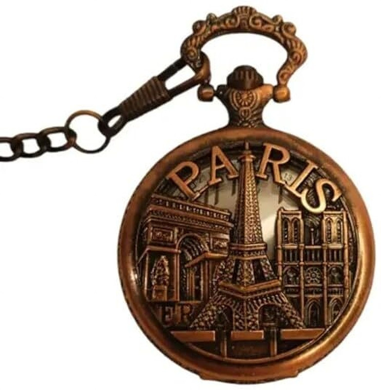 Antique HE creation Vintage Paris Landmarks Pocket Watch with Chain, Pocket Watch Gift | Paris Tower LRM-195 brass metal Pocket Watch Chain
