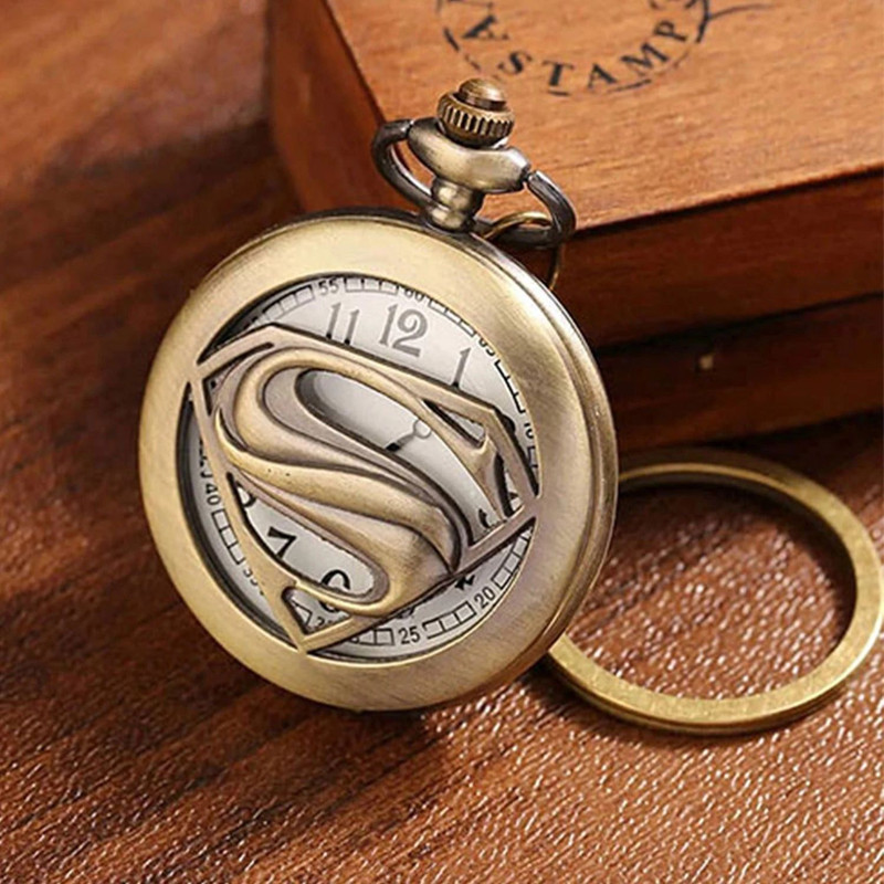 Exciting Lives Super Man Vintage Pocket Watch 2278 VIntage Finish Stainless Steel Pocket Watch Chain