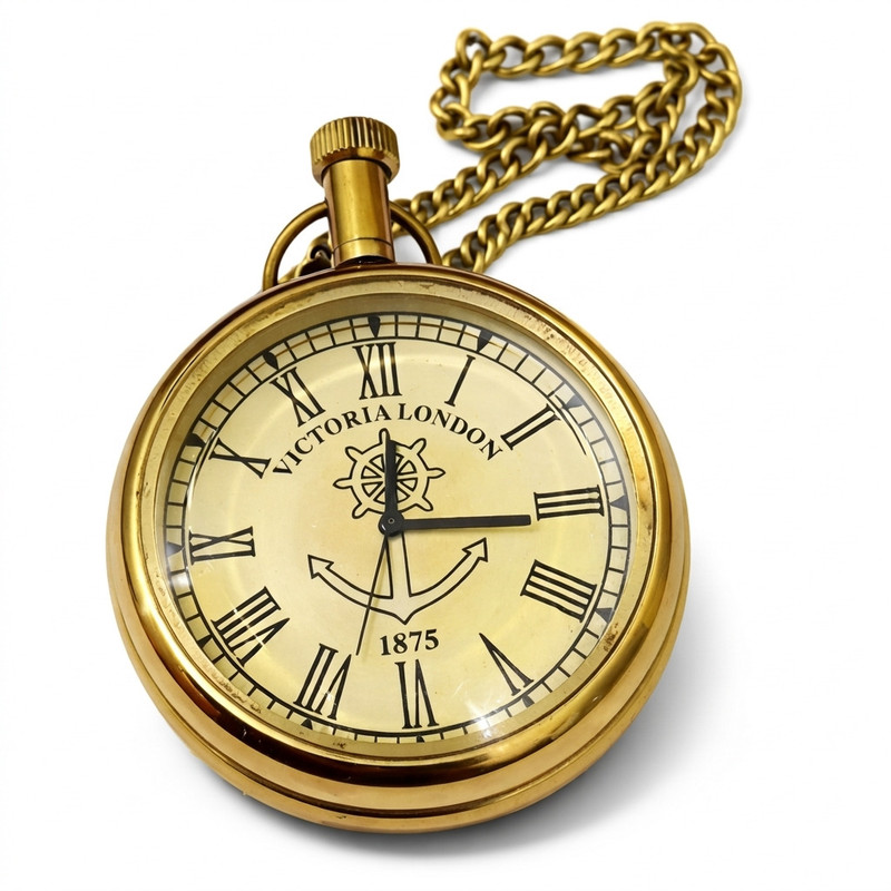 Antique Handi Enterprices Vintage Brass Pocket Watch with Chain | Nautical Anchor Design Analog Watch | MQ-VP-105 Brass Brass Pocket Watch Chain