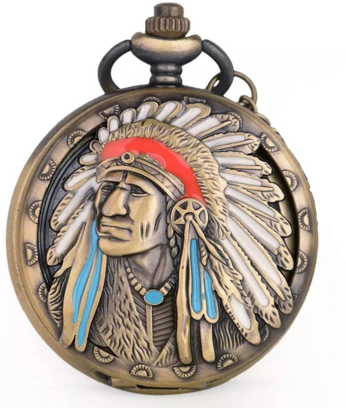 Mubco Antique Style Indian Chief Men Quartz Pocket Watch Key Chain Collectible Gift Analog White Dial Pendant IC_01 Bronze Metal Pocket Watch Chain