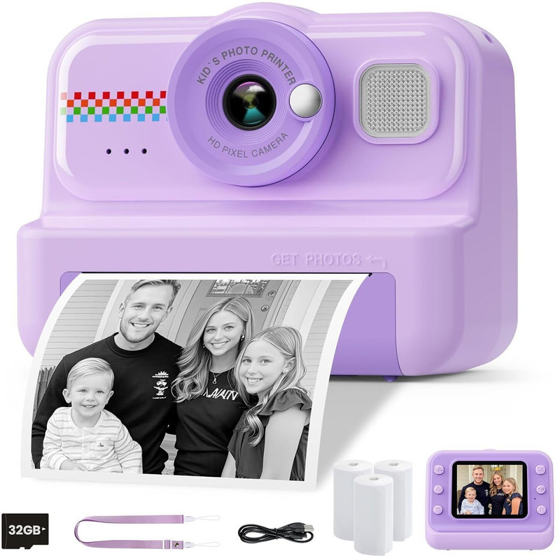 TOTAL DIGITAL CAMERA Kids Instant Camera, 1080P Children's Digital Camera & Video Camera with 32GB(12 MP, Purple)