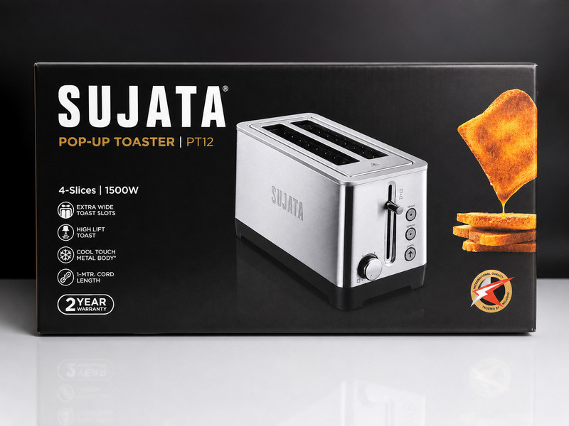 SUJATA Pop-Up Toaster PT12 4 Slices Extra wide Slots | Stainless Steel Body 1500 W Pop Up Toaster(Silver, Black)