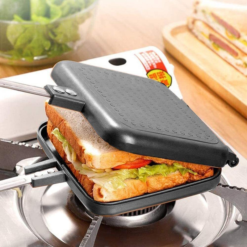 GLARIXA 4 Slice Sandwich Toaster Pan Non Stick Flip Grill for Gas Stove 2 W Pop Up Toaster(Black)
