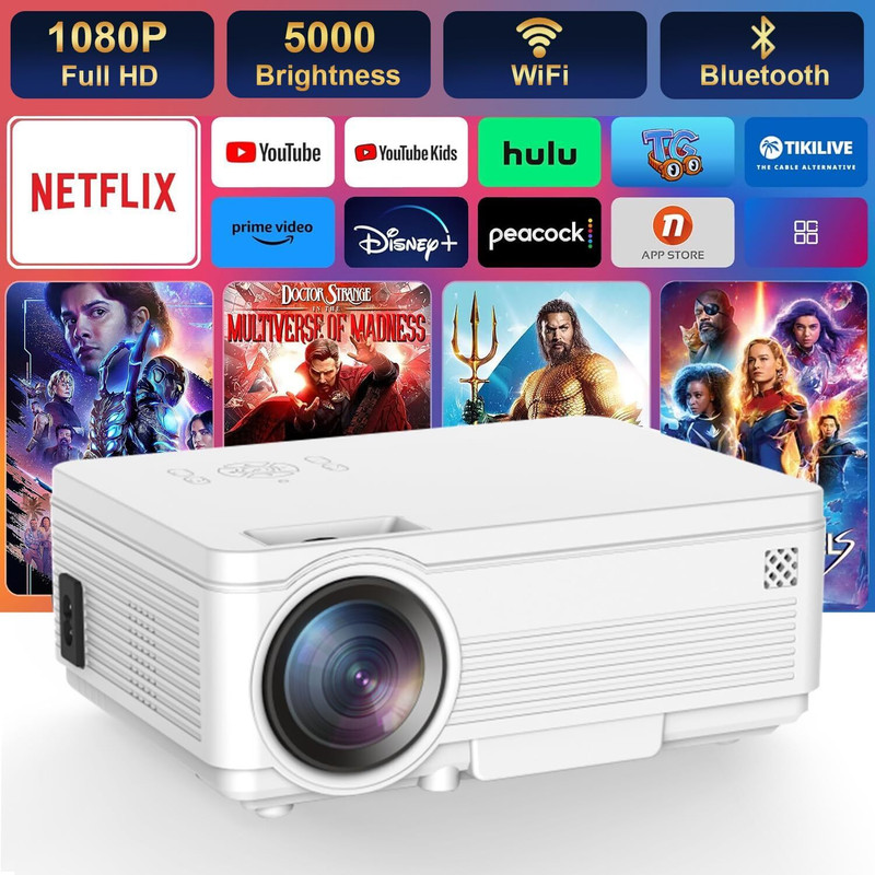 IBS WIFI Mini Projector ,1080P HD Portable Projector with 4600 Lux and 200" Screen, Compatible with Android/iOS/HDMI/USB/SD/VGA Portable Projector, Projector with Synchronize Smartphone Screen (5000 lm) Portable Projector(Black)