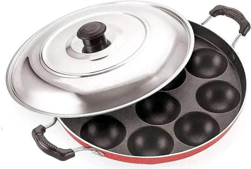 Swarambh 1 Red Appam Patra With Lid and Two Handles Paniarakkal Pan 23.5 cm diameter with Lid 0.5 L capacity(Aluminium, Non-stick)