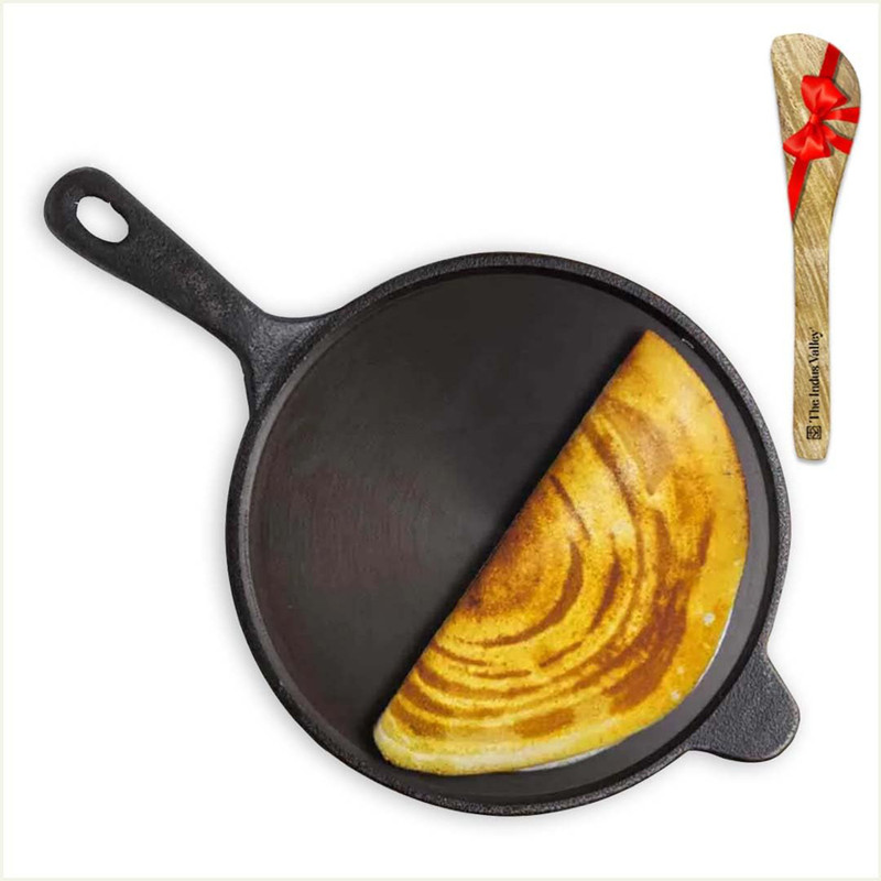The Indus Valley Pre-Seasoned Cast Iron Tawa with Free Wooden Spatula for Dosa/Chapathi -10.3inch Tawa 25.7 cm diameter(Cast Iron)