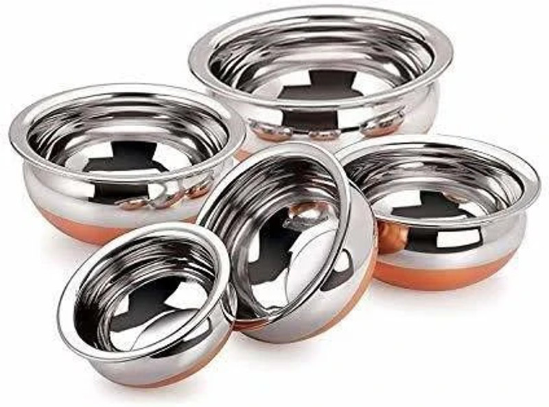 JESAVI ENTERPRISE Copper Bottom Handi Pot 5Piece Set Steel Handi Set 5Piece Set Handi Bottom Cookware Set Handi 4.5 L(Stainless Steel, Copper, Non-stick)