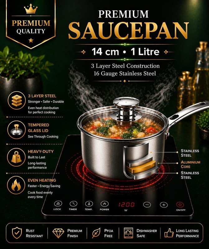 Red Robin 14cm 1 Litre Steel Saucepan with Glass Lid Durable Induction Cookware Handi 1 L with Lid(Stainless Steel, Steel, Triply, Induction Bottom)