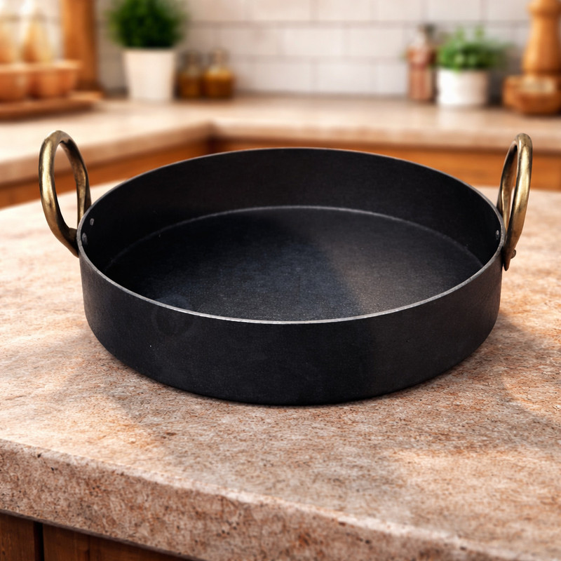 Tannu Craft Iron Flat Kadai for Making Jalebis Maa Pua Tai Fry Pan Kadhai 20 cm diameter 2 L capacity(Iron, Induction Bottom)