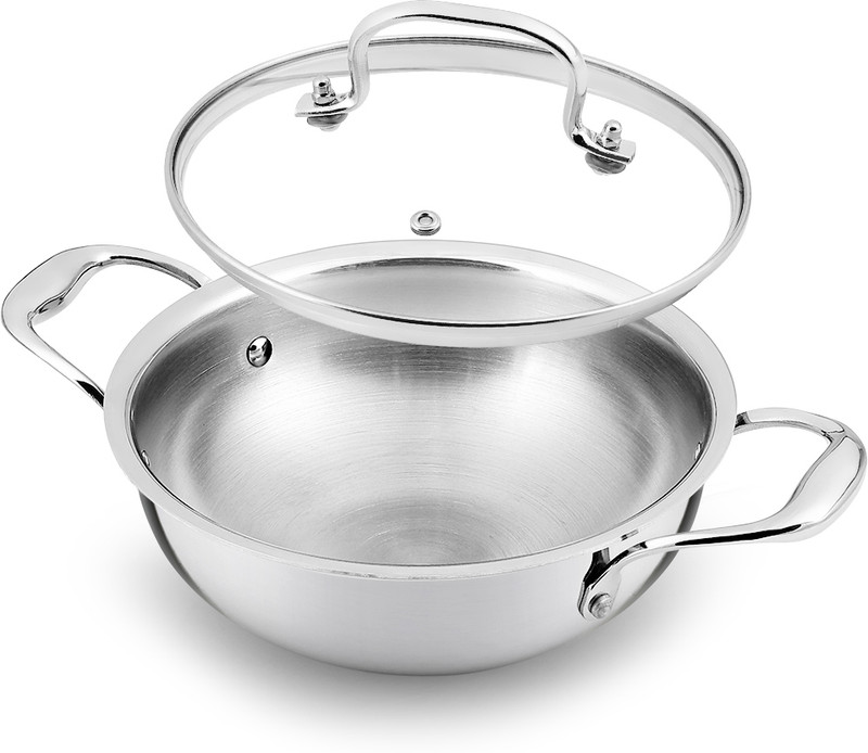 HSG Kitchen Premium Triply SAS Steel Deep Kadai with Lid (20 cm) | Induction & Gas Kadhai 20 cm diameter with Lid 1.5 L capacity(Stainless Steel, Induction Bottom)