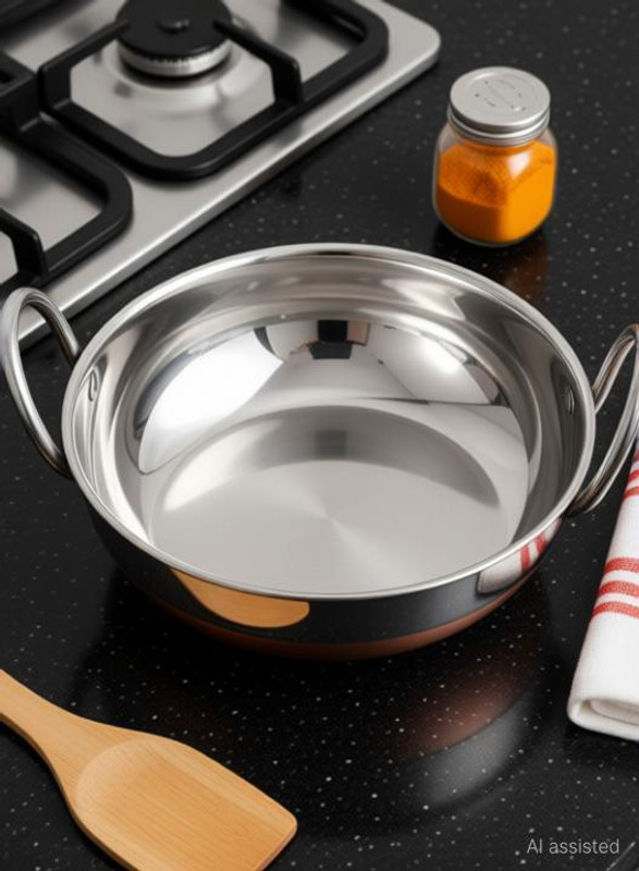 Tannu Craft Copper Bottom kadai Cooking Stainless Steel Bottom Pot Pans for Frying Kadhai 24 cm diameter 2 L capacity(Stainless Steel, Induction Bottom)