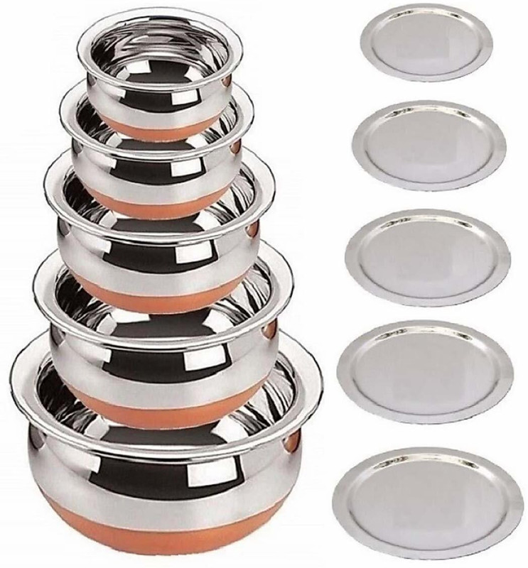 RBGIIT fsad 11 Stainless Steel Copper Bottom Cookware Set | Container | Tope | Patila | Tapeli | Handi | Kitchen Cooking and Serving Bowl | Dining Set | Pot Sets | Cooking Serving Biryani | Punjabi Pot Pan Combo Handi |Chiken Fish And Rice Boil | Stainless Steel Copper Base Gas Compatible Handi Set