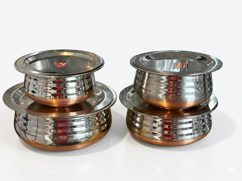 GESTION Copper Bottom Marvel Mini Handi with Lid Set 3 (350&500&750ML&1Litre) Handi 0.35 L, 0.5 L, 0.75 L, 1 L with Lid(Stainless Steel)