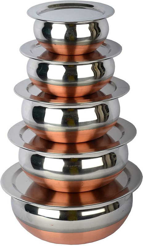 RBGIIT Perfect Copper Handi Set for Everyday Use Whether you want to cook a delicious serving of your favourite sabzi or heat leftover curries from the previous day, the 5-piece copper handi set, Prabhu Chetty, Curved Copper Plate at Bottom, Best Quality Stainless Steel Copper Bottom 5 Pic Handi Pot
